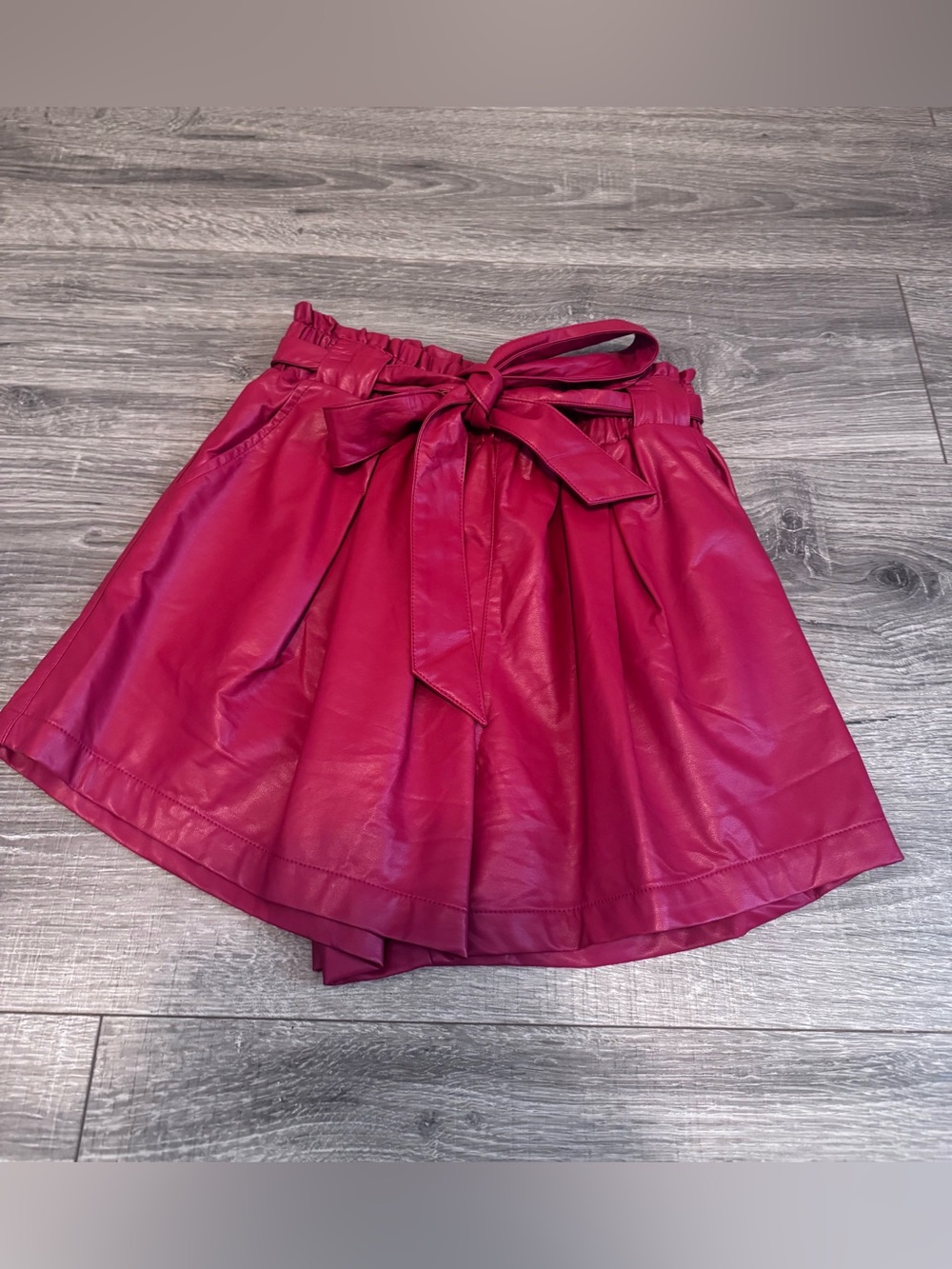 ODDY Red  Faux Leather Paperbag Waist Skater Skirt with Tie